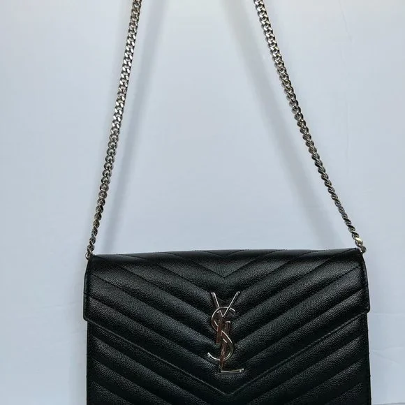 YSL Saint Laurent MONOGRAM CHAIN WALLET | BLACK GRAIN DE POUDRE EMBOSSED LEATHER - Picture 12 of 16